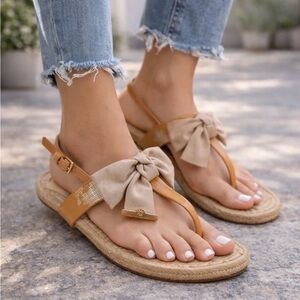 Tory Burch Bow Flat Thong Sandals Women Size 11 Jute Espadrille Slingback